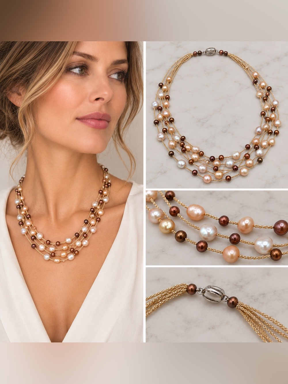 Honora Cultured Freshwater Pearl Multi Strand Necklace 20" Gold Tone Statement
